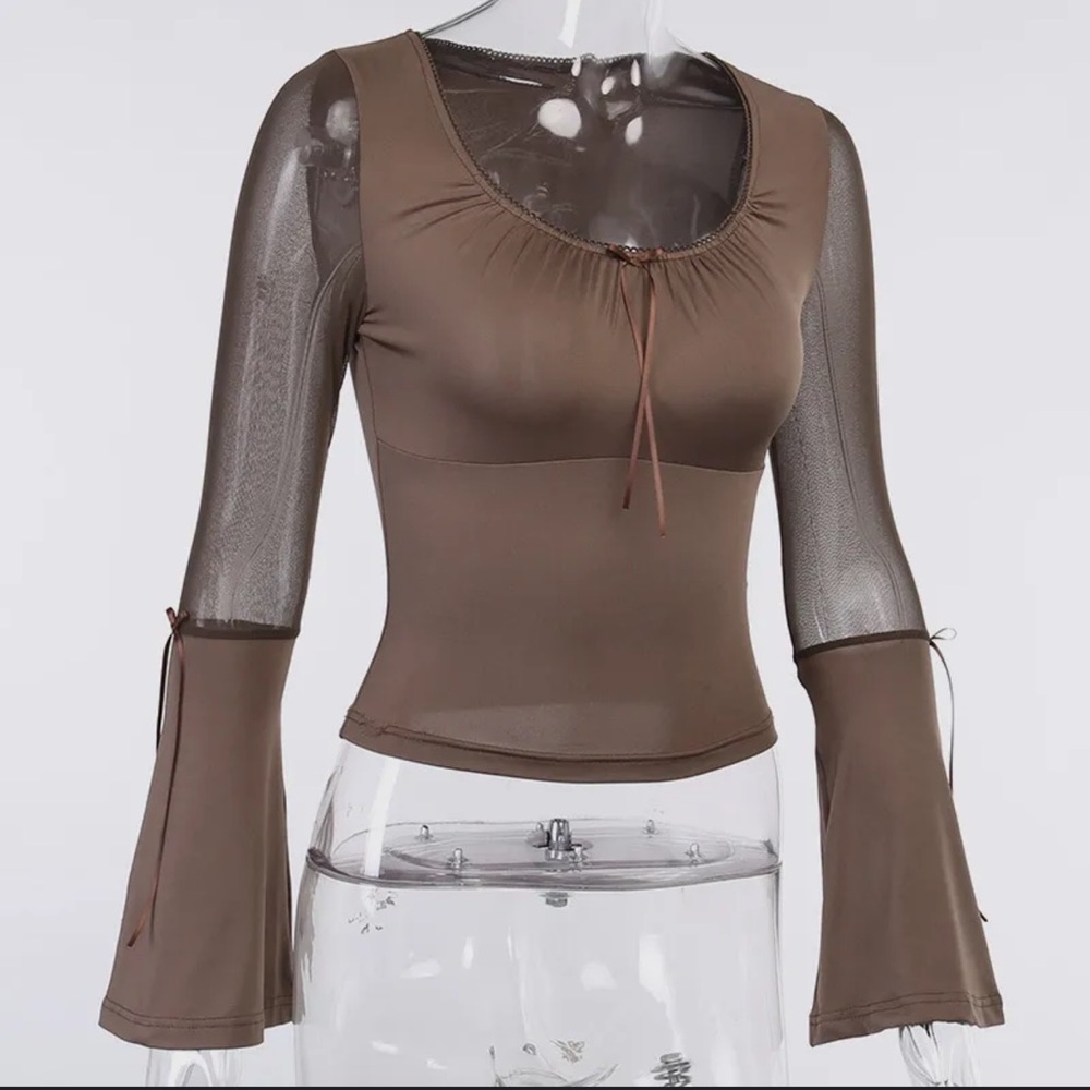 Brown Fitted Blouse with Bell Sleeves and Ribbon Ties